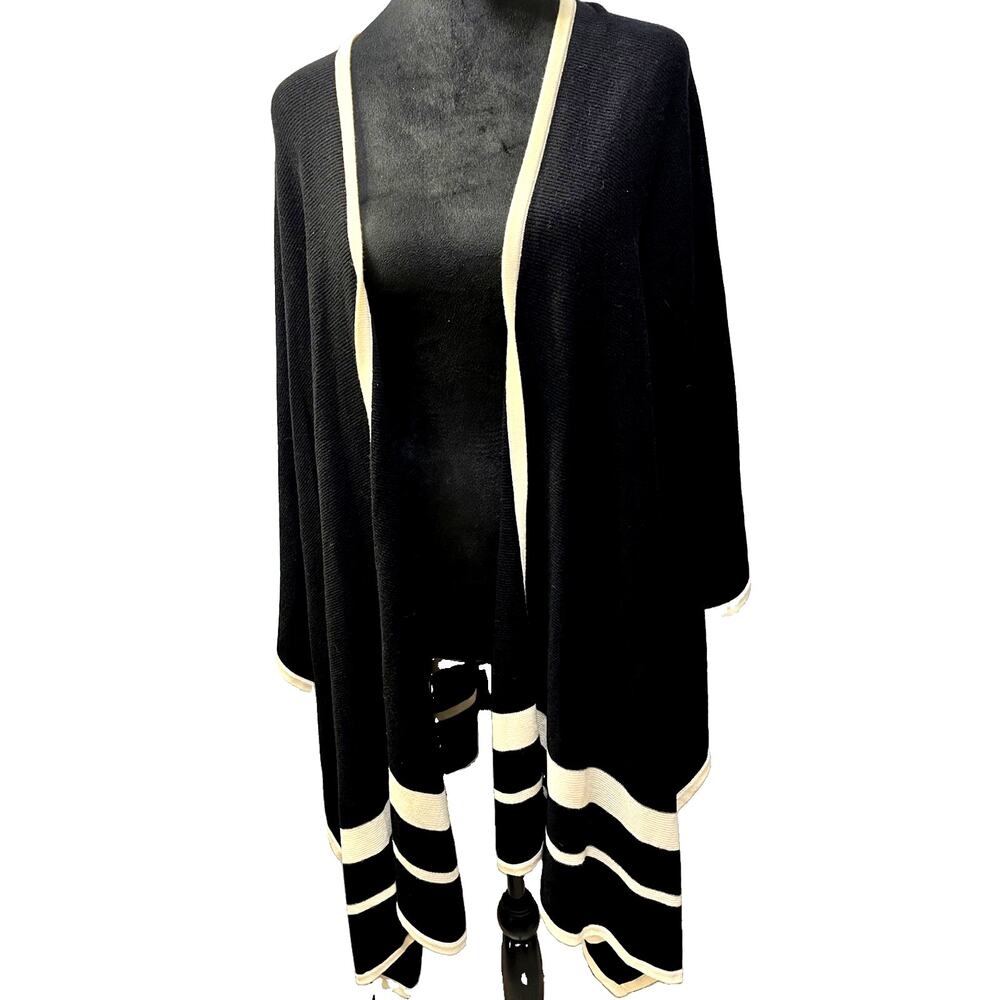 Ralph Lauren Black Old Money Shawl Ruana Wrap with Cream Trim S/M